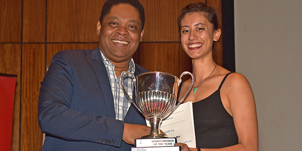 Tanita Ramburuth-Hurt, 2018 Wits Sportswoman and 2017 Gauteng Sport Awards Sportswoman with the Dean of Students Jerome September